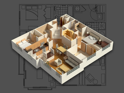 3D isometric rendering of a furnished residential house, on a blueprint, showing the living room, dining room, foyer, bedrooms, bathrooms, closets and storage.