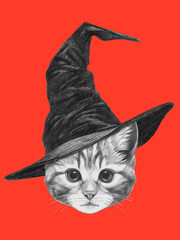 Portrait of Monkey with witch hat. Halloween illustration.