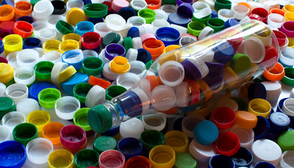 Group of assorted colored plastic cups for recycling