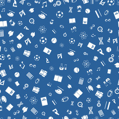 Education white icons on blue background seamless pattern