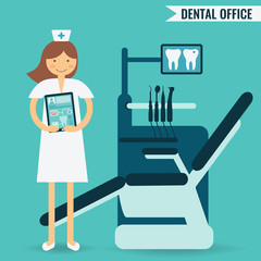 Medical and teeth care concept - dentist standing with tablet computer in her office. 