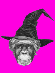 Portrait of Monkey with witch hat. Halloween illustration.