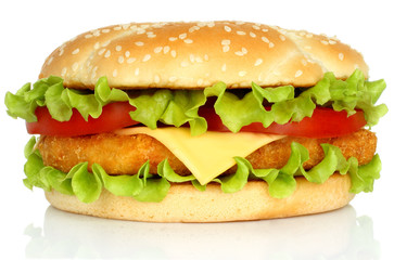Big chicken hamburger on white background