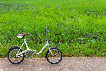 Fototapeta na wymiar old folding bicycle and green grass meadow