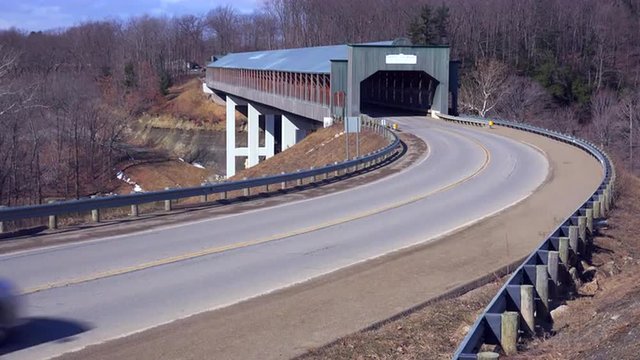A long covered bridge in Ashtabula County, Ohio.
