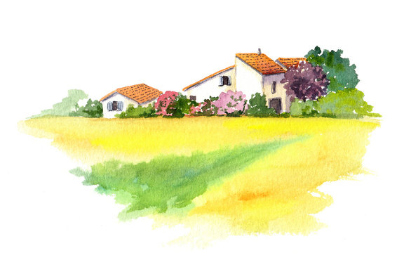 Rural house and yellow field in Provence, France. Watercolor