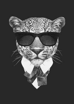 Portrait of Leopard in suit. Hand drawn illustration.
