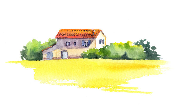 Rural landscape with old house and yellow field, watercolor