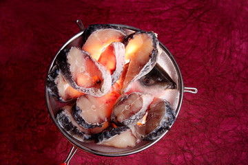 Rohu fish slices on big sieve