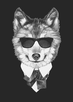 Portrait of Wolf in suit. Hand drawn illustration.
