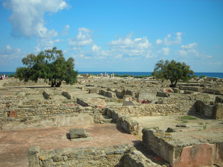 Fototapeta na wymiar Remains of the 5th century BC Punic town of Kerkouane, regarded as the best preserved Carthaginian settlement and one of the major touristic sites of Tunisia.