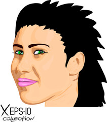 Abstract Portrait of young brunette woman with green eyes and punk hair. Vector illustration