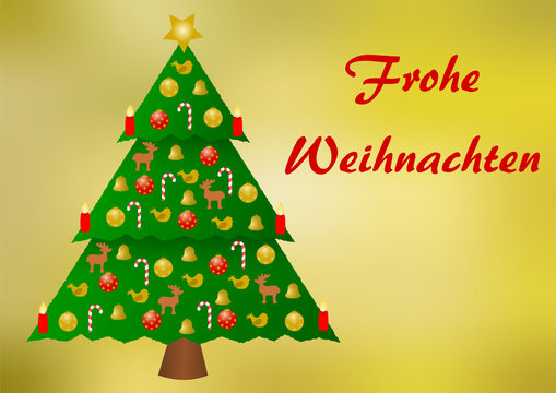 Bunt geschmückter Weihnachtsbaum auf einem Hintergrund mit goldenem Farbverlauf, mit Frohe-Weihnachten-Schriftzug auf der rechten Seite und einem großen Textfreiraum darunter, im Querformat