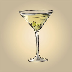Illustration of martini with olives in a glass