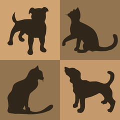Illustration. Brown background with dogs and cats. Pattern.