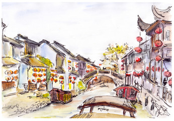 Watercolor - water canal in old town in China. Red lanterns.