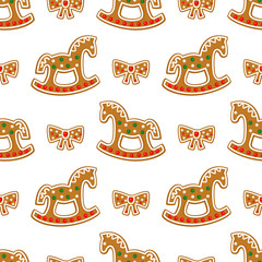 Seamless pattern with Christmas gingerbread cookies - rocking horse and bow. Winter holiday vector design illustration on white background.