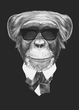 Portrait of Monkey in suit. Hand drawn illustration.