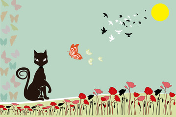 silhouettes of black cat and buttterflys against blue retro background