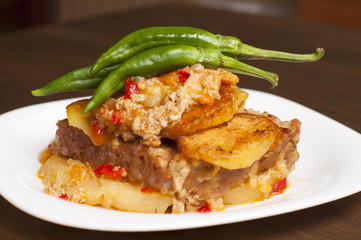 meatloaf with mashed potatoes and green chillies
