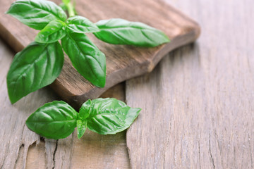 Green fresh basil on wooden background