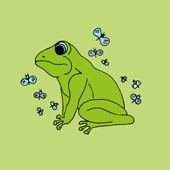 Illustration green frog with butterflies, background