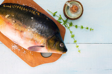 Raw fish (tenchе) with basil on a wooden cutting board, top vie