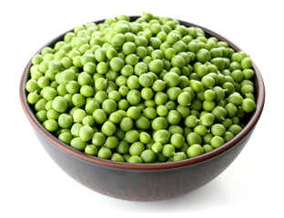 Fresh green peas in bowl isolated on white