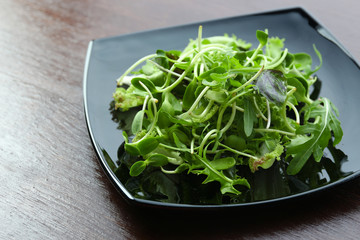 Plate of fresh mixed green salad on wooden table close up