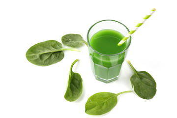Glass of spinach juice isolated on white