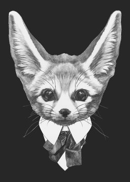 Portrait of Fennec Fox in suit. Hand drawn illustration.