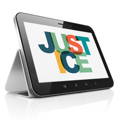 Law concept: Tablet Computer with Justice on  display