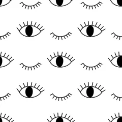 Wall murals Eyes Black and white abstract pattern with open and winking eyes. Cute eye background illustration.