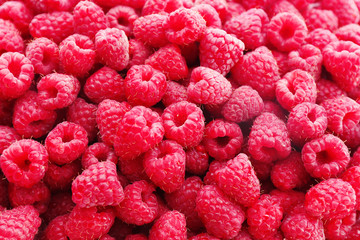 Heap of sweet red raspberries close up