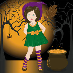 Girl witch with a broom and a pot on an interesting background orange moon