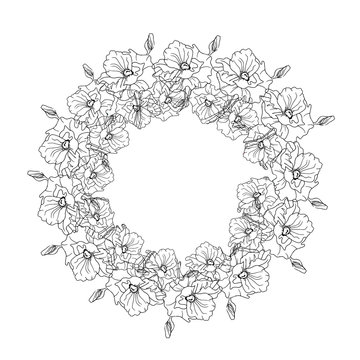 Illustration with a wreath of flowers, black and white