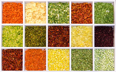 a lot of different dried vegetables to add to your food when cooking
