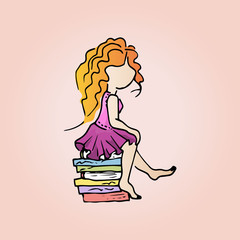 Illustration of a cute redhead girl with books. Student girl on