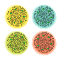 Set of 4 doodle isolated pizzas with different color backgrounds