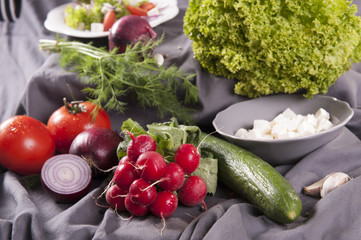 group of vegetables and cottage cheese, salad ingredients on a dark background 
