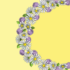 Illustration wreath of daisies and hydrangeas, hand drawn