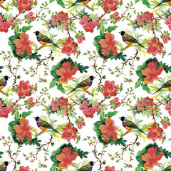 Watercolor Wild exotic birds on flowers seamless pattern on