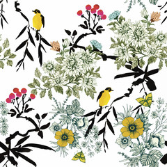Fototapety  Watercolor Wild exotic birds on flowers seamless pattern on
