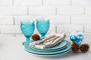 Decorated Christmas table setting. Christmas menu concept