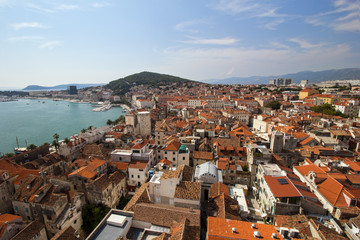 View of Split's historic Diocletian's Palace, old town and Marjan hill from above in Croatia.