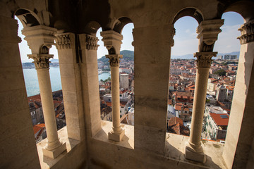 View of Split's old town and beyond from inside the bell tower of Cathedral of Saint Domnius in...
