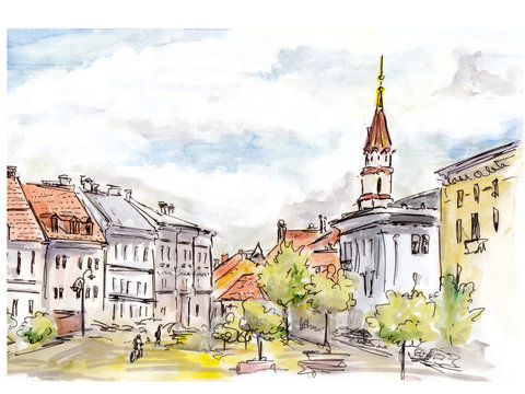 Hand painted sketch of Vilnius city street. Watercolor and liner