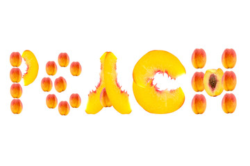 word peach lined parts of sliced peach fruit isolated on white background