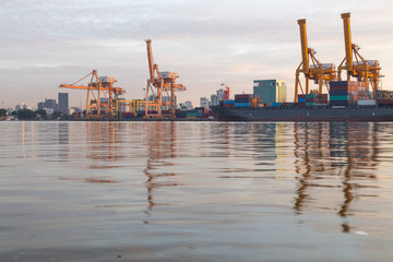 Container cargo freight ship in the morning, at Bangkok Thailand
