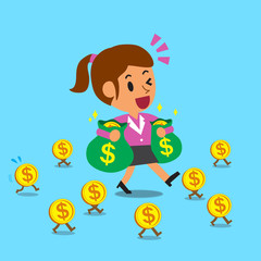Cartoon businesswoman walking with money coins for design.